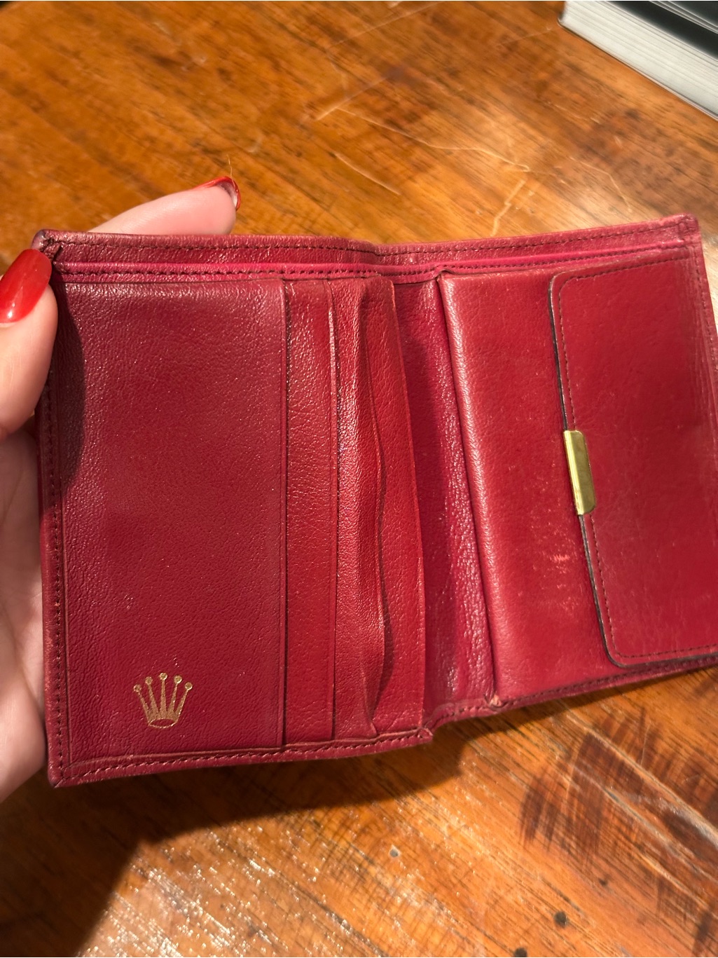 Rolex Red Leather Bifold Wallet With Gold Accent